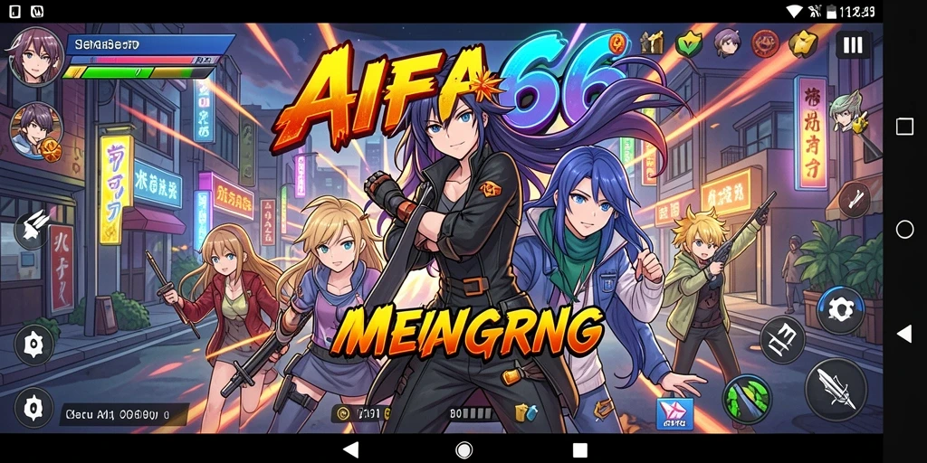 Tampilan layar utama AIFA66 menampilkan karakter anime yang dinamis dan penuh warna.