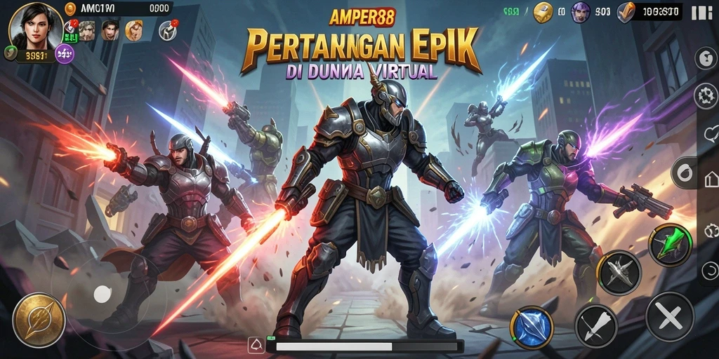 Screenshot menunjukkan pertarungan intens di AMPER88 dengan efek spektakuler.