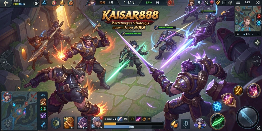 Screenshot gameplay KAISAR888 yang menampilkan pertempuran seru di arena MOBA.