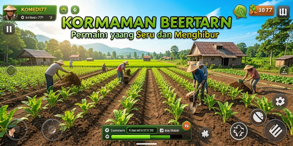 Screenshot gameplay menunjukkan kebun yang berwarna-warni dan karakter lucu.